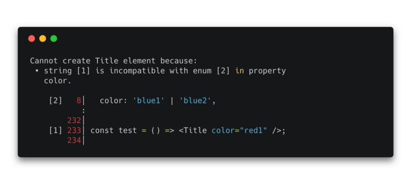Flow error showing that using 'red1' as color for the Title component is not valid