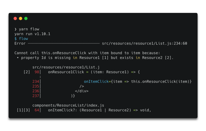 Flow error output with the first iteration of the “Props” Flow type for ResourceList