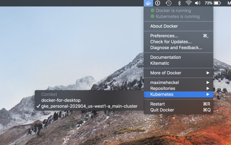 Kubernetes contexts list menu in Docker for Mac