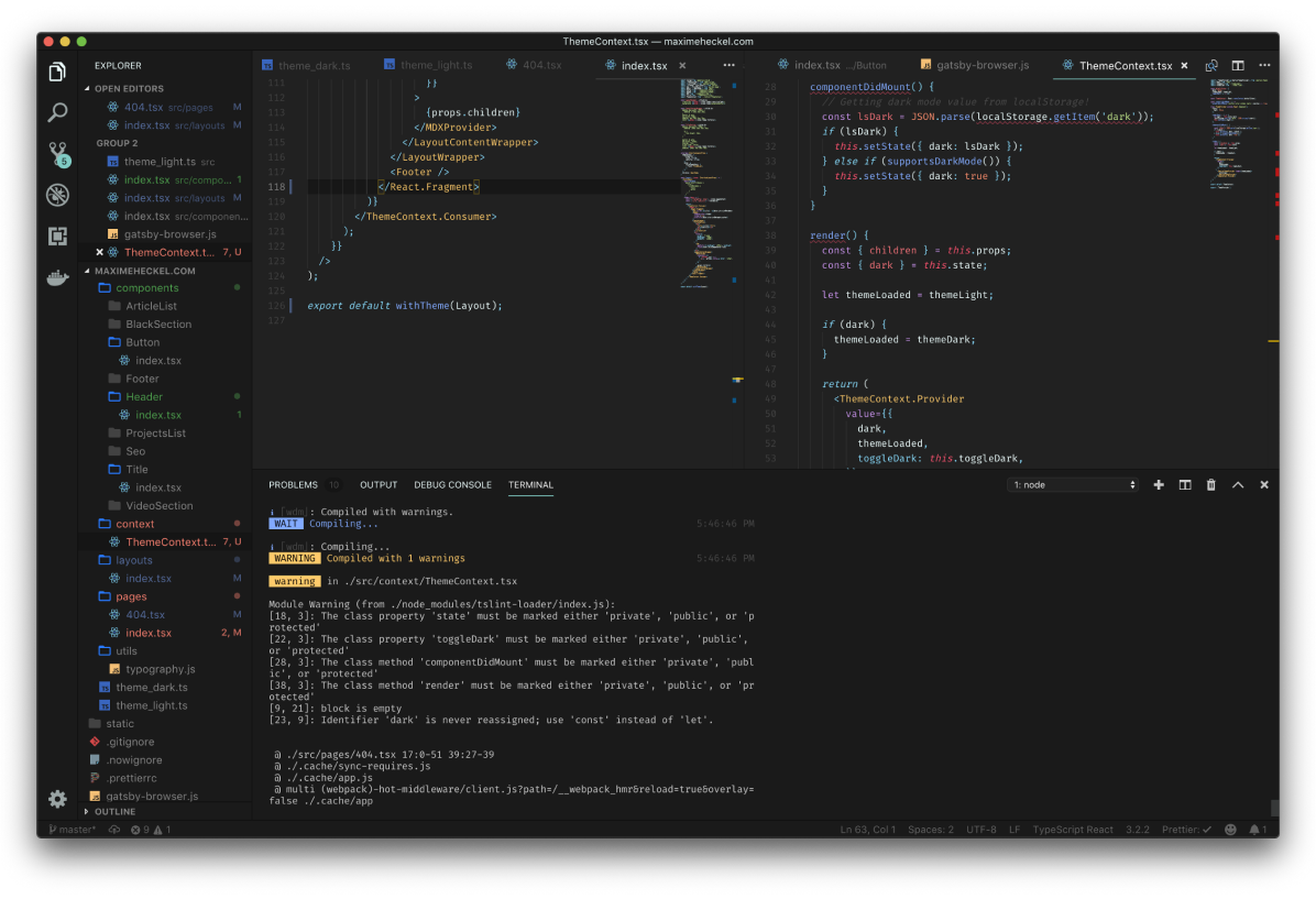 Here we can see VSCode highlighting the tslint issues as well as the gatsby cli showing the warnings in the terminal