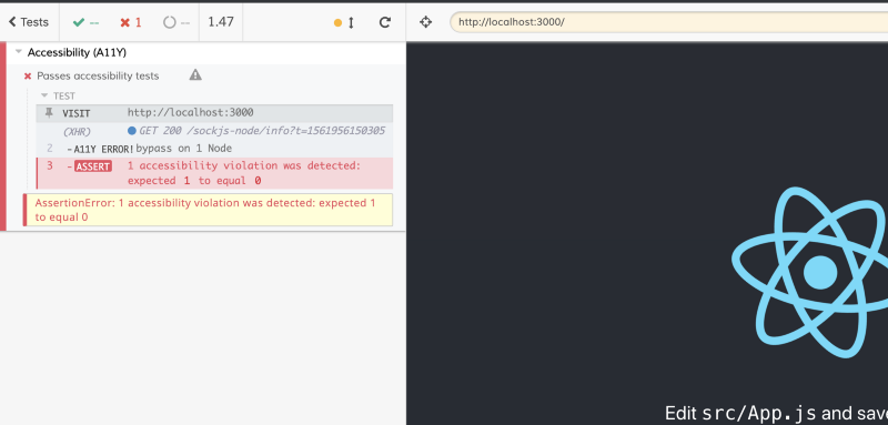 Cypress output with one accessibility issues