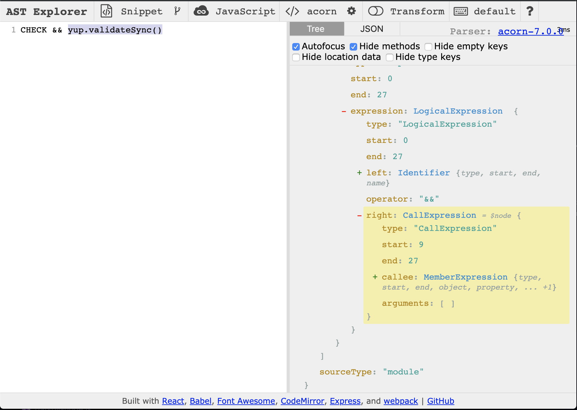 Here we're highlighting the yup.validateSync() expression to see its AST equivalent