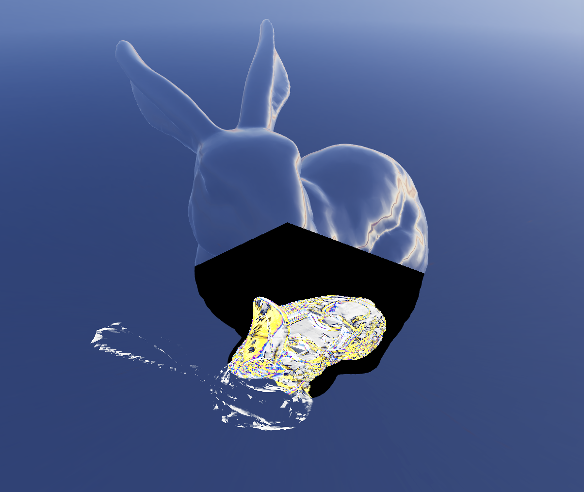 Screenshot showcasing rendering issue of one early attempt at caustics when the plane was viewed through MeshTransmissionMaterial
