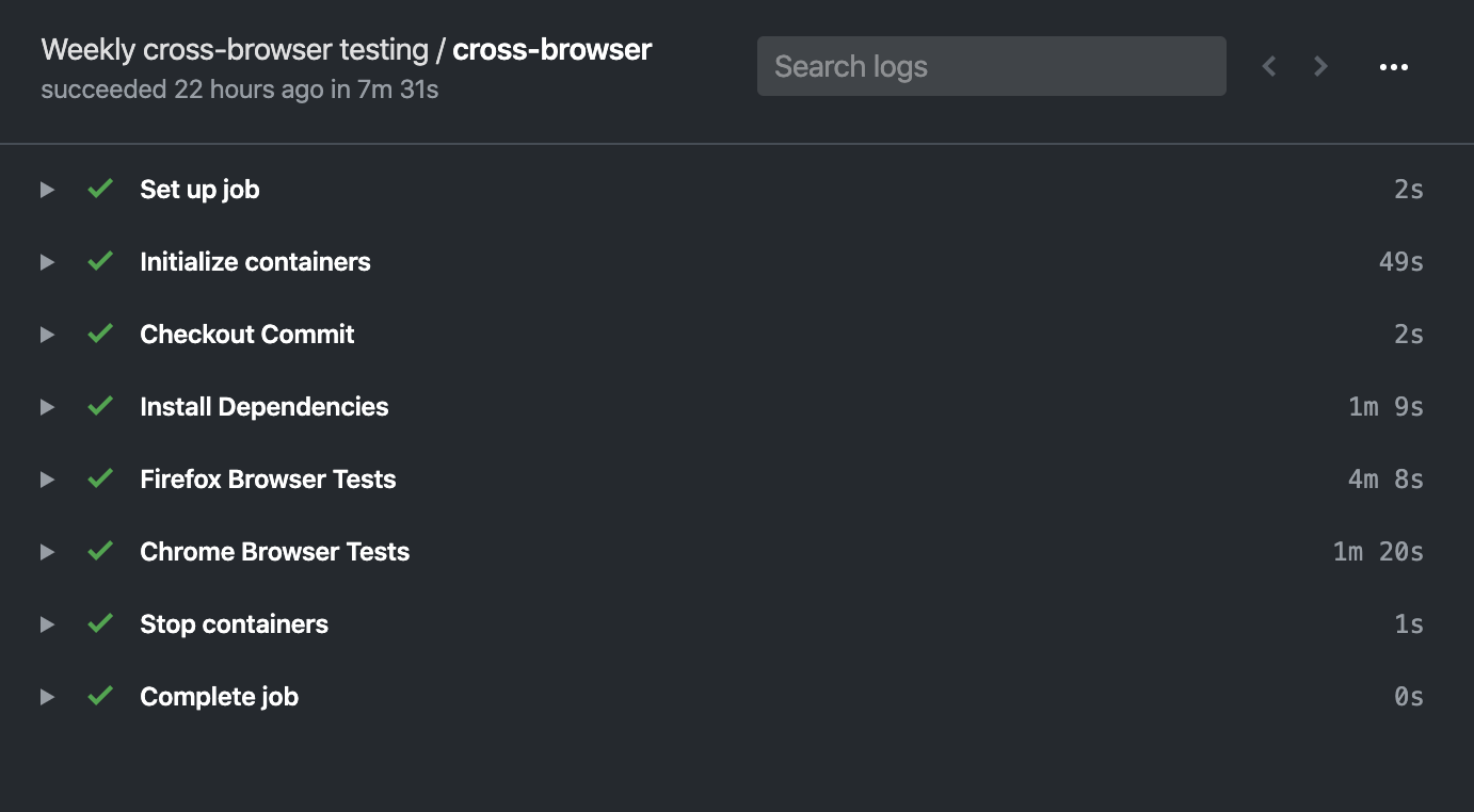 Screenshot showcasing a successful Github CI run including our scheduled cross-browser tests on Chrome and Firefox