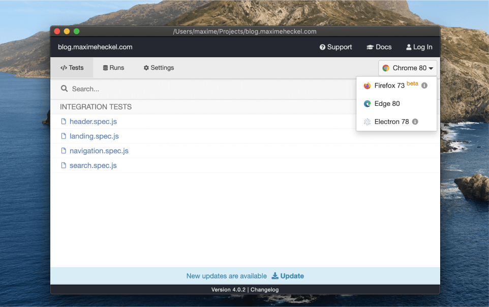 Screenshot showcasing the Cypress GUI with the browser selection dropdown expanded.