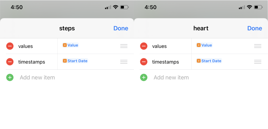 Screenshot of the heart rate and steps dictionaries used in the body of the HTTP POST request of our shortcut