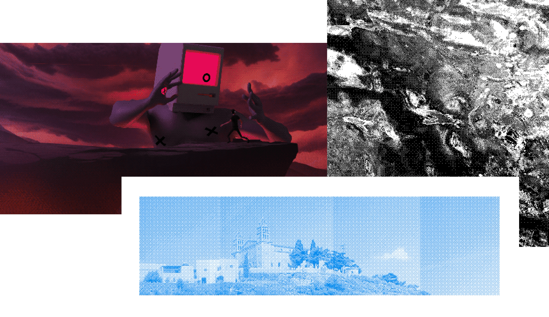 Examples of beautifully executed dithering art from left to right by Basement Studio, @aweusmeuh, and @loackme_