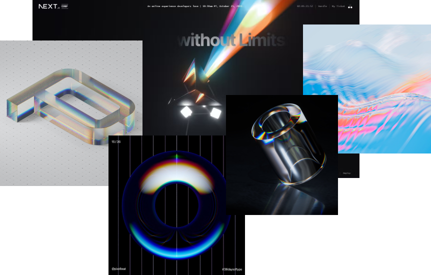 Examples of dispersion effects by the Vercel Team, Davo Galavotti, and many other artists