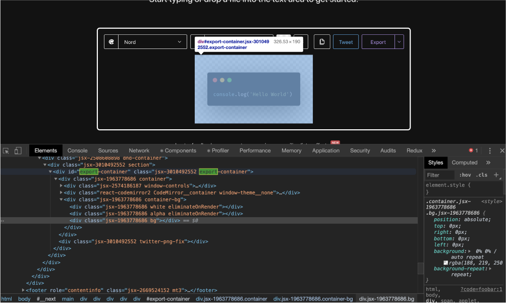 Screenshot showcasing the export-container div highlighted in Chrome and Chrome Dev Tools