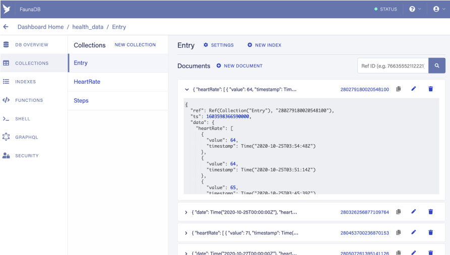Screenshot of the Entry collection on my Fauna dashboard, populated with documents containing some of the health samples I sent with my shortcut