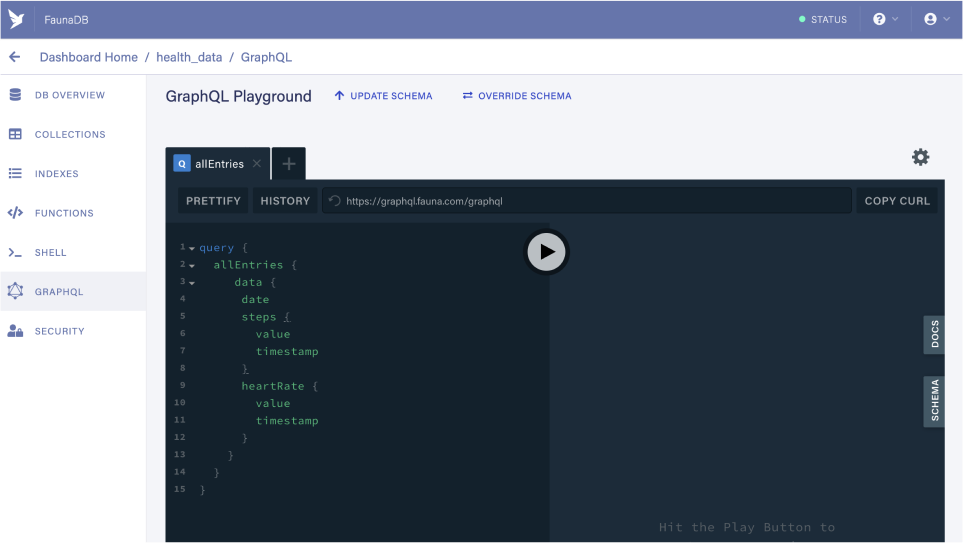 Screenshot of FaunaDB GraphQL playground with a query to get all our entries