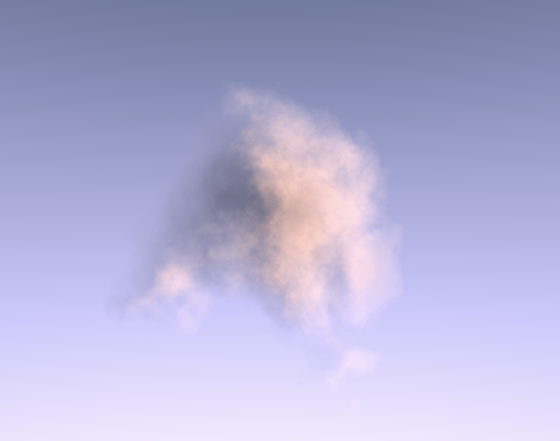 Screenshot of our rendered Volumetric cloud with a low max step count and higher step size. Notice how those optimizations have degraded the output quality.