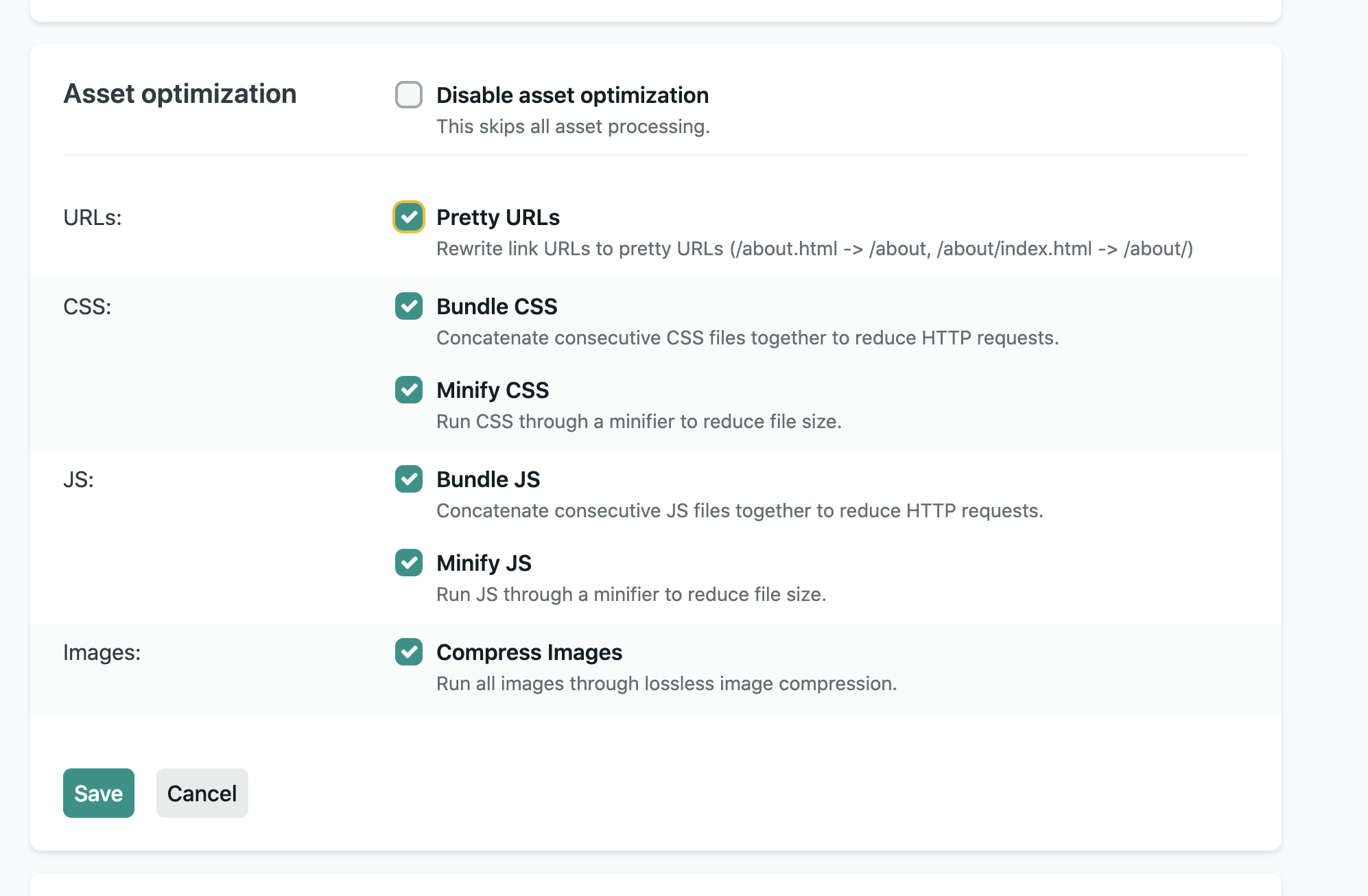 Image showcasing the asset optimizations options available in the Netlify project settings. Here you can see that I have the pretty URL option turned on which will add a trailing slash at the end of my URLs on this project.