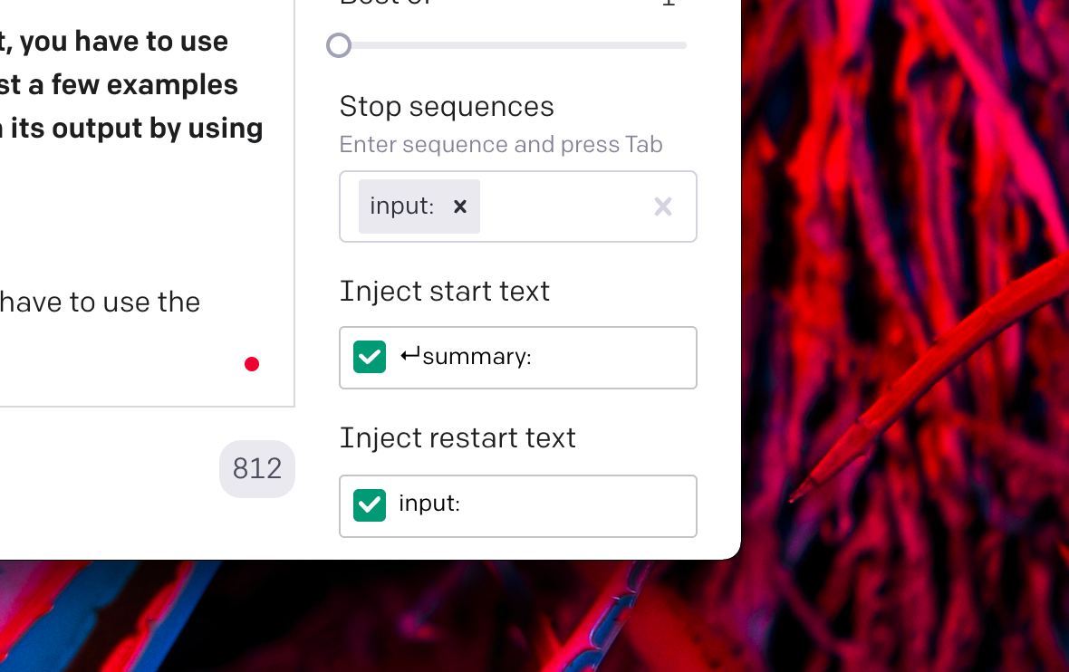 Screenshot of the OpenAI playground showcasing the values I set for Stop Sequence, Start Text and Restart Text