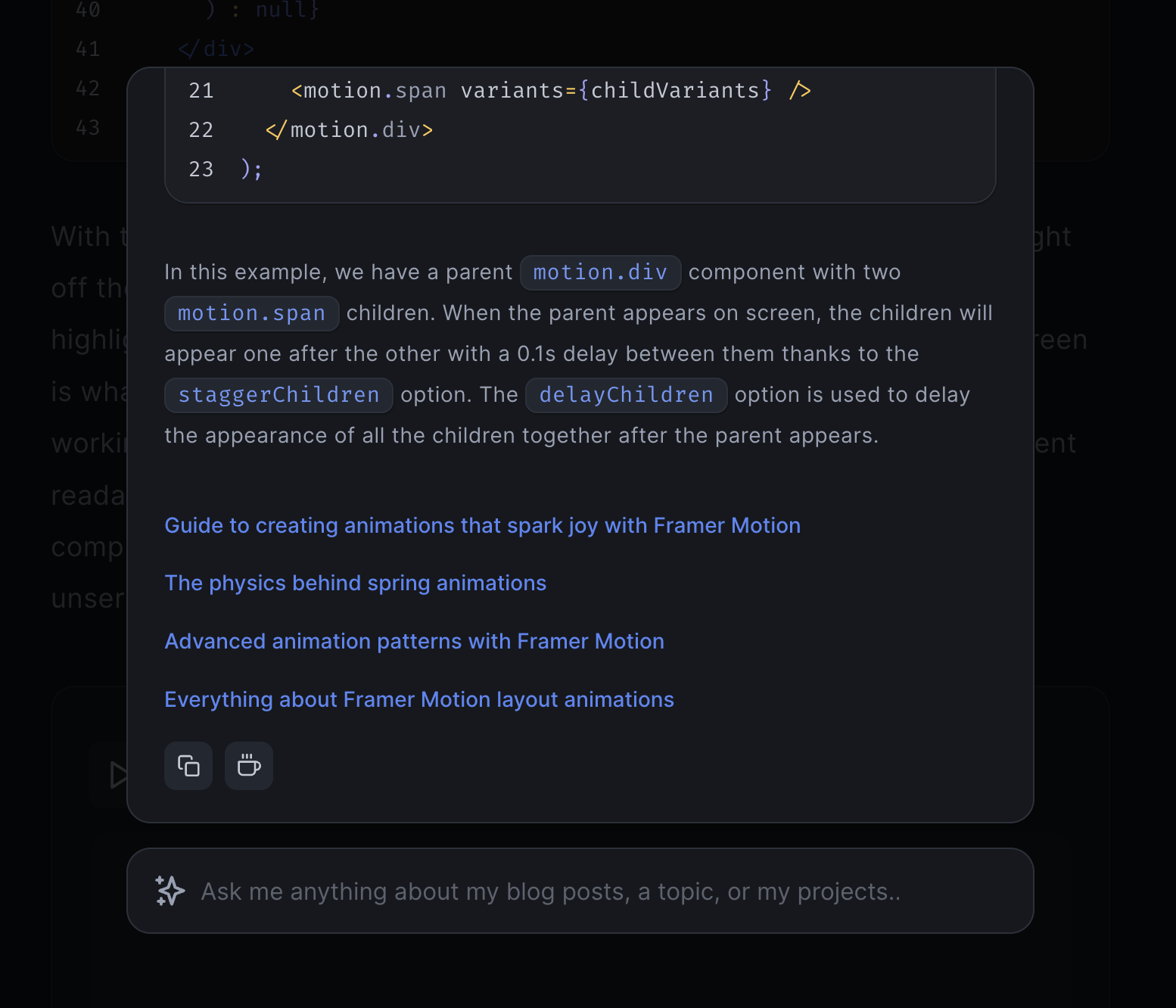 Screenshot showcasing the list of sources that were quoted in a given semantic search response along with the copy to clipboard button that allows the user to copy the output of a query.