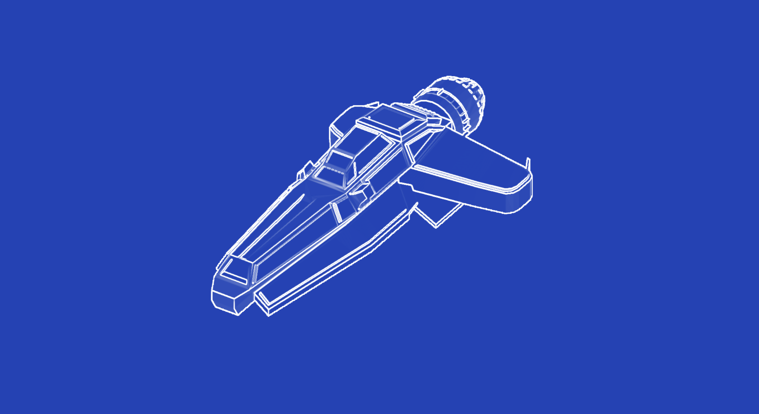 Render of the spaceship mesh (originally made by Sousinho) used in the final scene with a custom version of our Moebius post-processing pipeline returning a blueprint style output