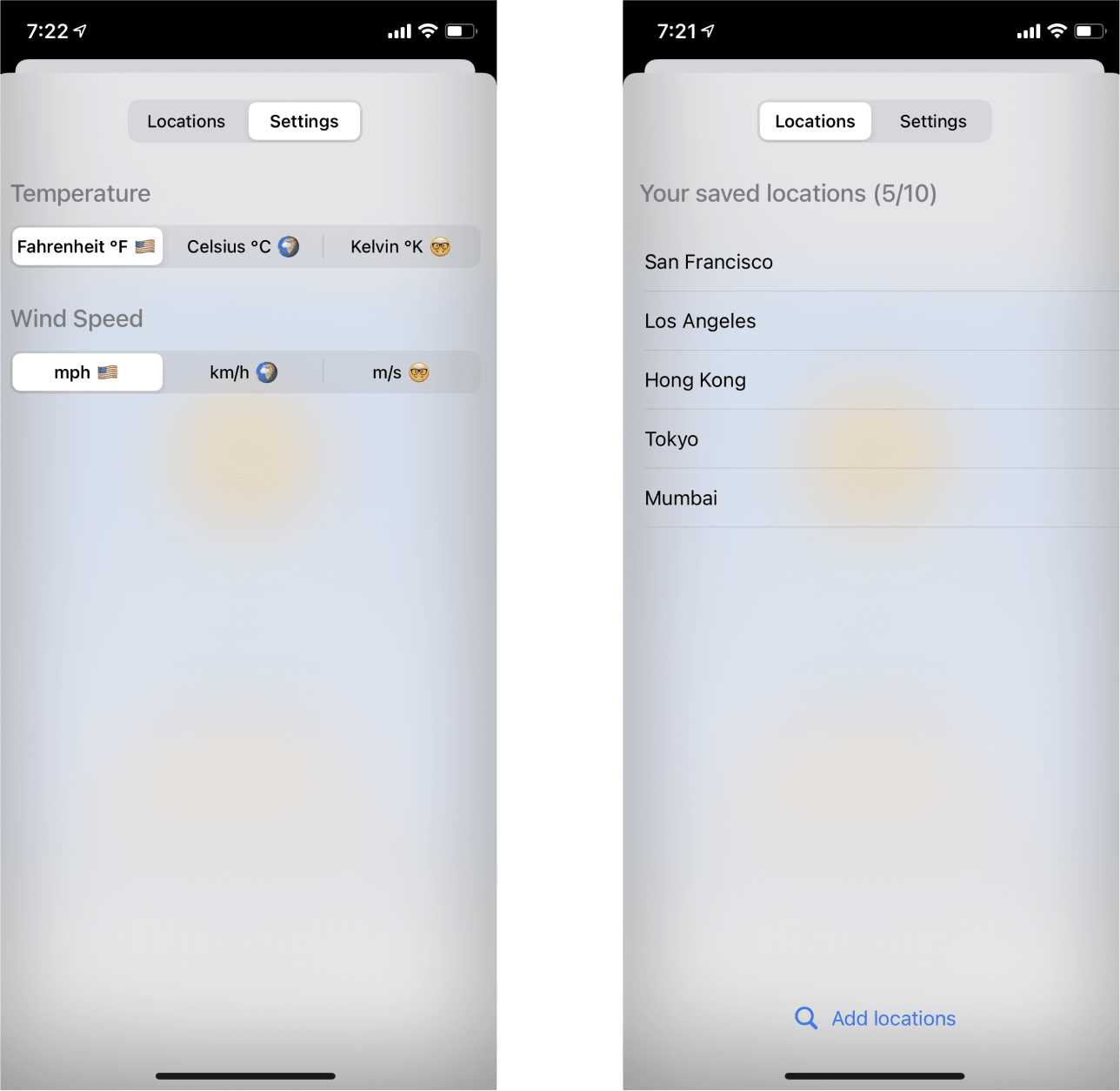 Screenshot of Sunshine's settings panel. It showcases the 2 main section: the first one displays the list of locations the user has added the second one is the settings tab that lets the user choose between different units to display the temperature and the wind speed.