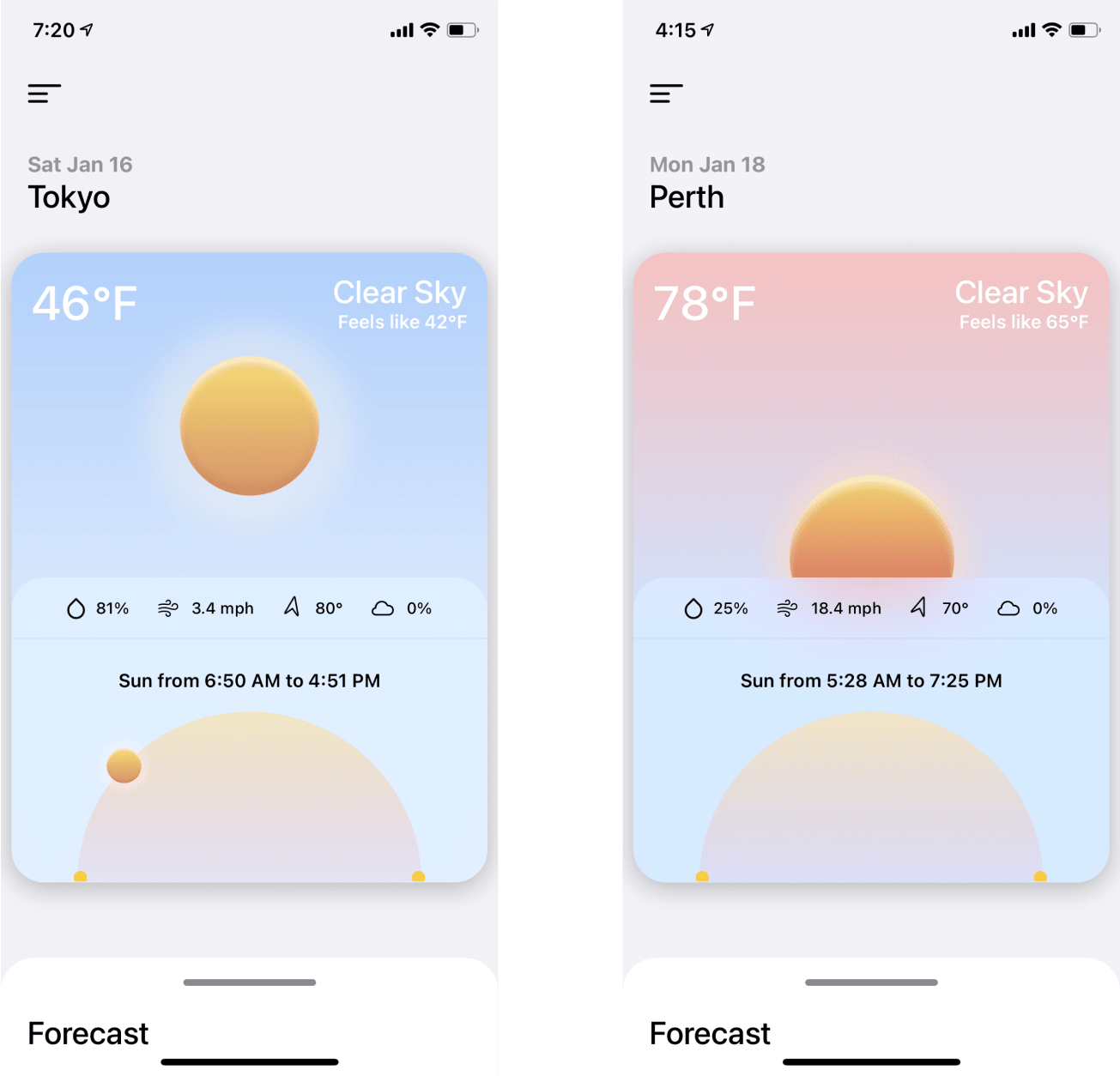 Screenshot of Sunshine showcasing the main screen with the weather card. The weather card displays the weather at a given location, here Tokyo and Perth, with the temperature conditions and metrics such as wind speed or humidity, as well as a graph displaying the position of the sun.